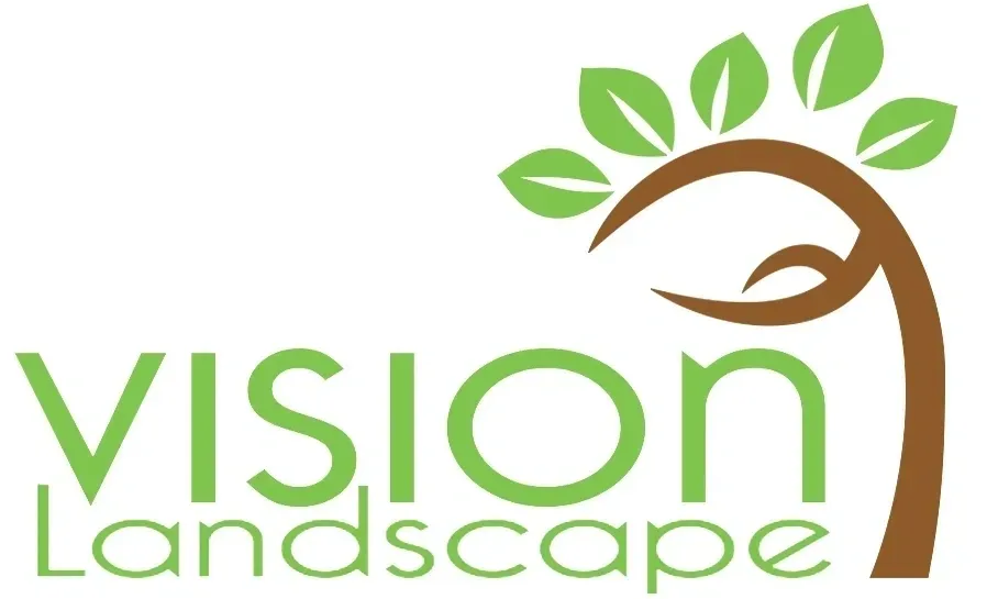 A green and brown logo for visions landscaping.